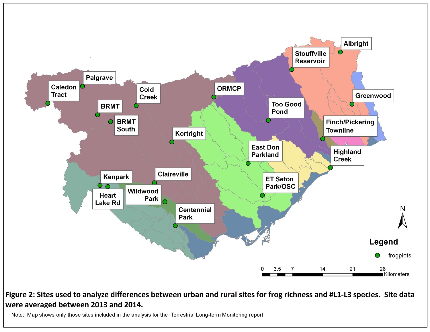 map showing sites used to analyze difference between urban and rural sites for frog richness