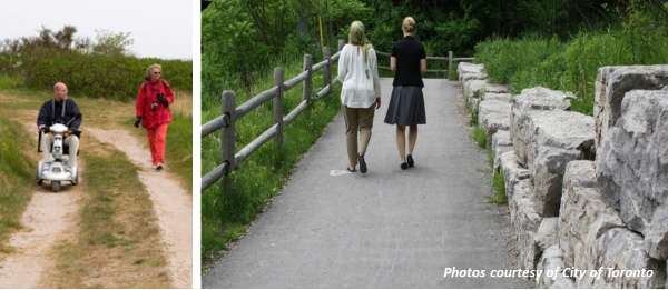 Left image: two people walking on a dirt trail, one of them on a scooter; Right image: two people walking up an accessible trail. Photos courtesy of City of Toronto