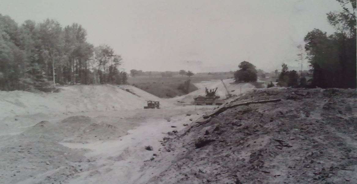 archival photograph of the construction of Eglinton Avenue East through the Don Valley