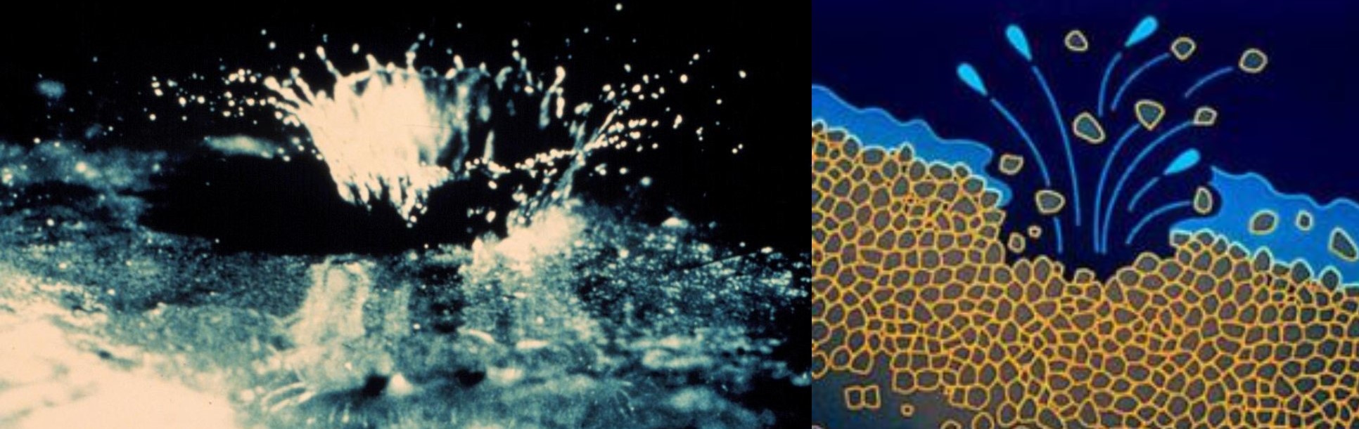 The image on the left is a closeup photo of a raindrop splashing onto soil and resulting in displacement of fine soil particles. The image on the right is a diagram showing a cross-section view of the rain drop soil erosion action.