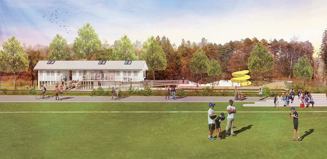 architectural rendering of Bolton Camp recreation hall and baseball diamond