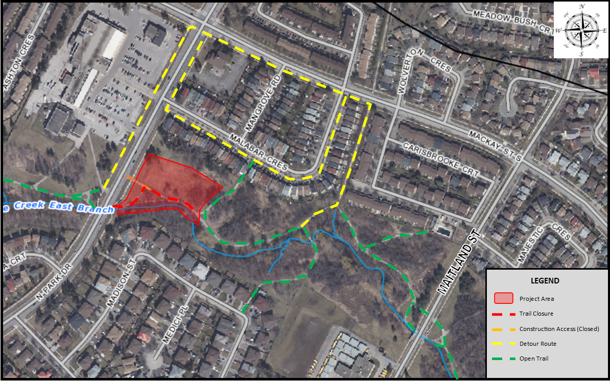 Map of trail closures required for the Maitland Park Stream Restoration Project