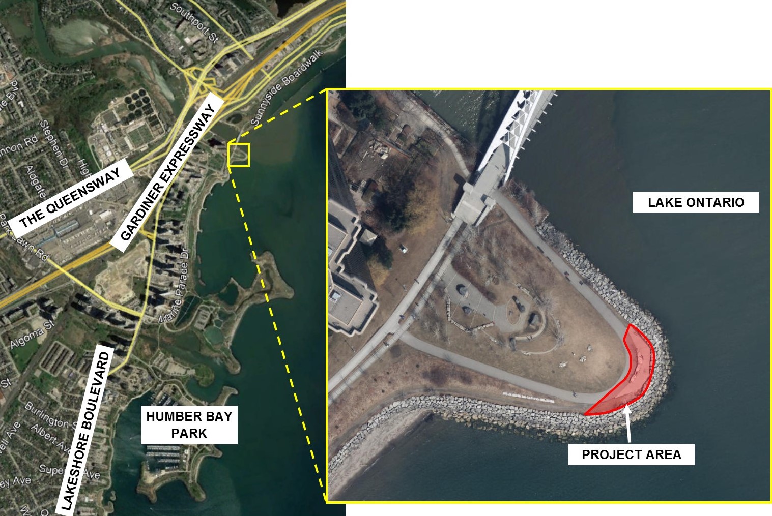 Map of the Humber Bay Shores Trail Maintenance project location and work area. Source: TRCA, 2019.