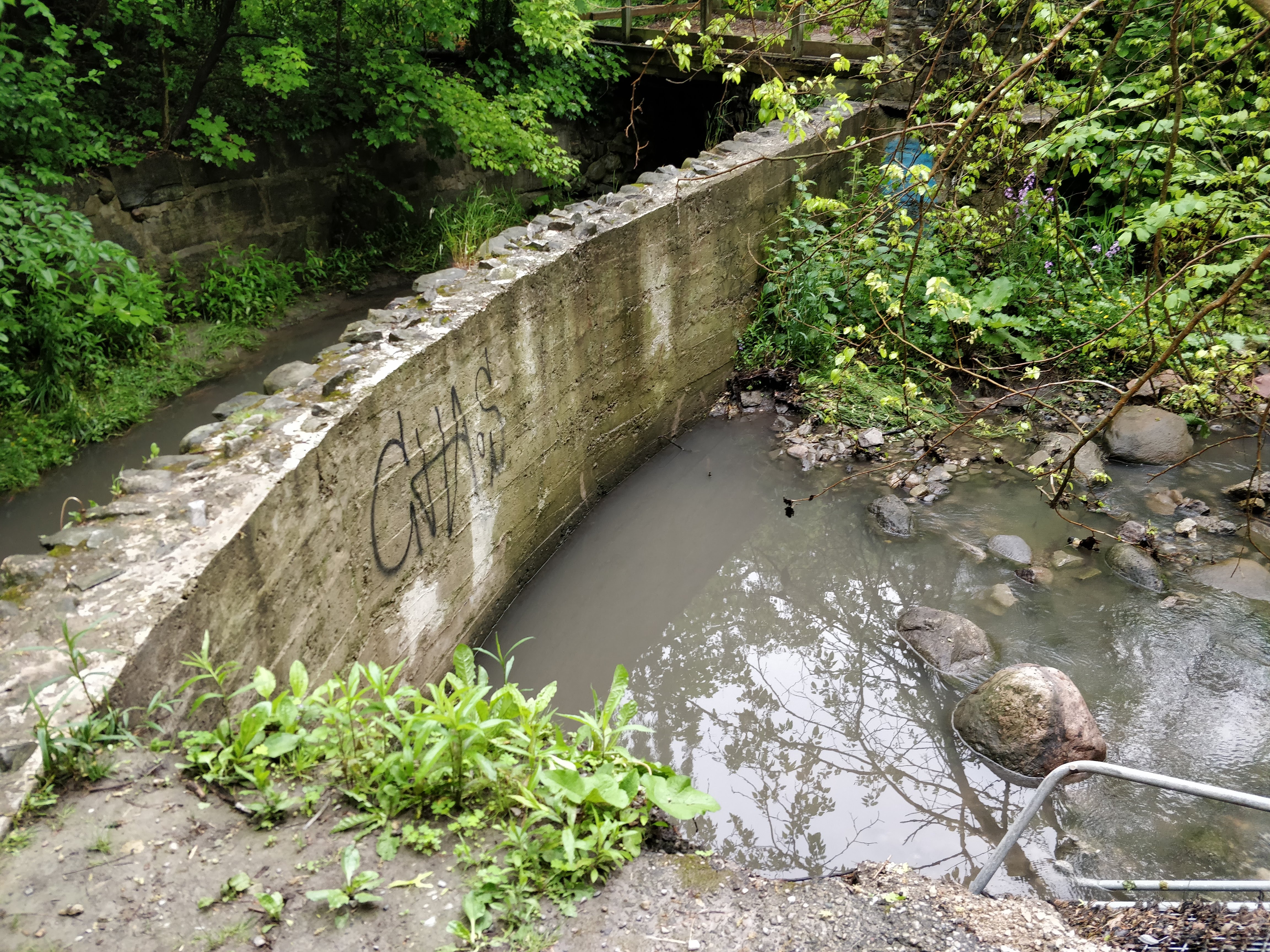 An exposed stone and mortar retaining wall located along Yellow Creek below Summerhill Gardens. Source: TRCA, 2019