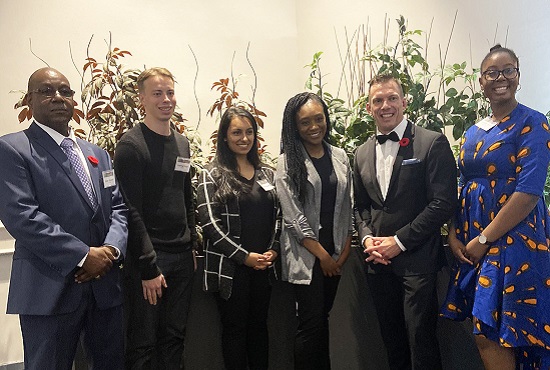 Toronto and Region Conservation Foundation interim executive director Derek Edwards and TRCA CEO John MacKenzie with 2019 scholarship winners at Living City Dinner