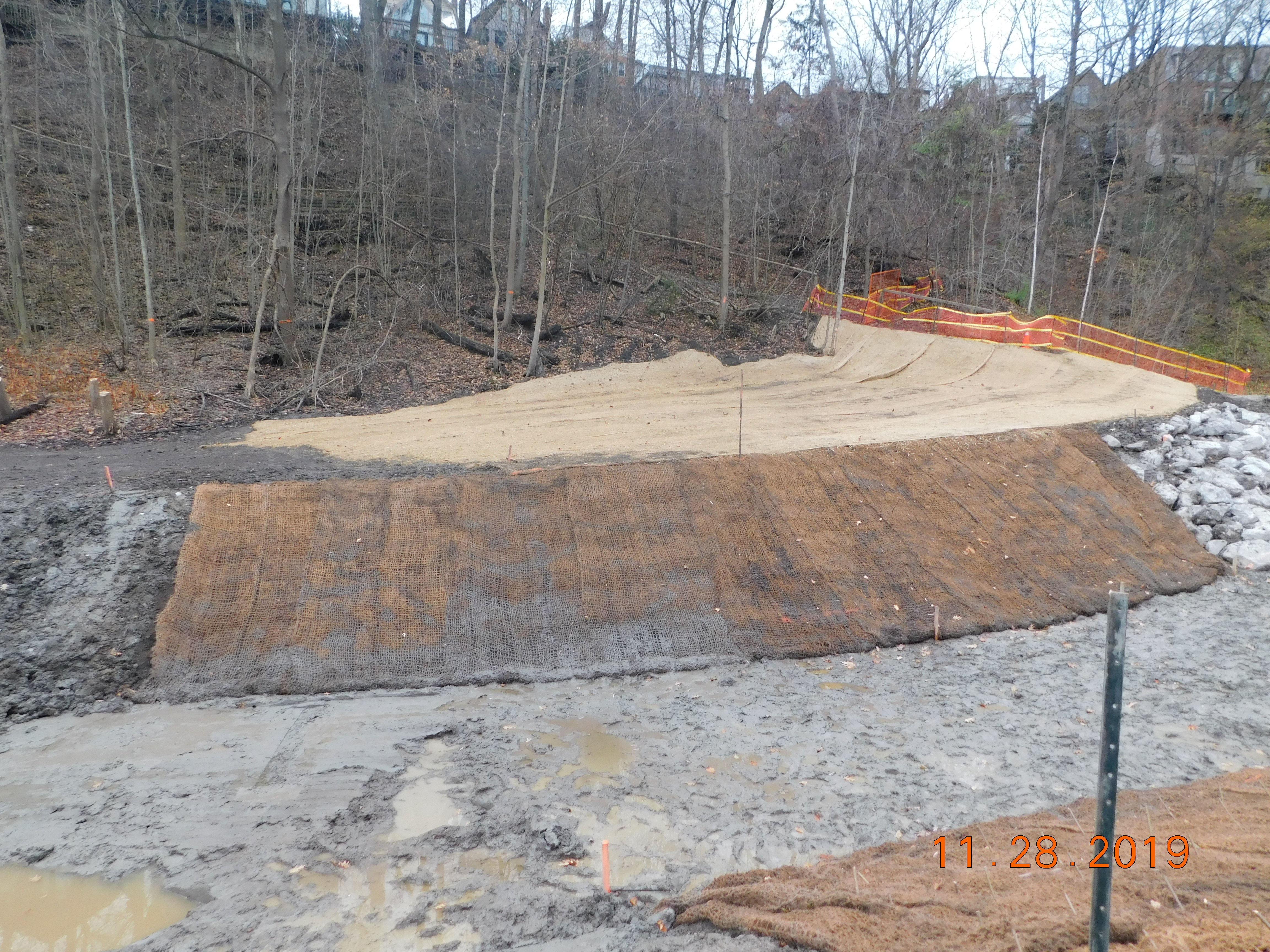 TRCA construction staff have regraded the top of the west bank and installed an erosion control blanket. Source: TRCA, 2019.