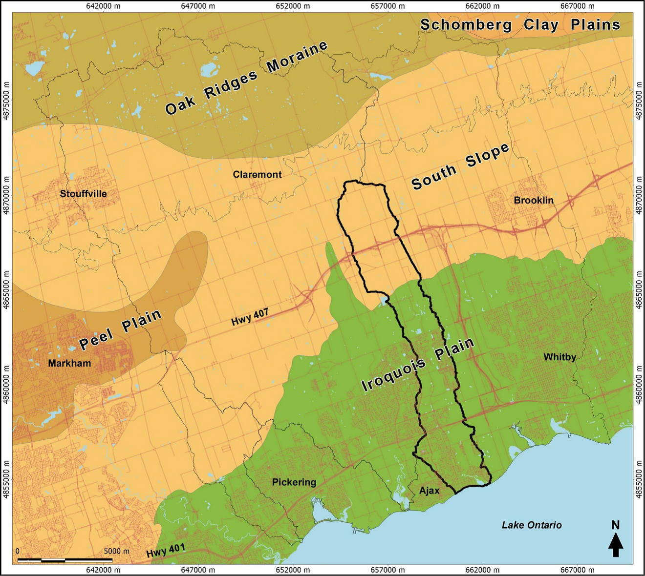 map of physiogeographic regions within Carruthers Creek watershed study area