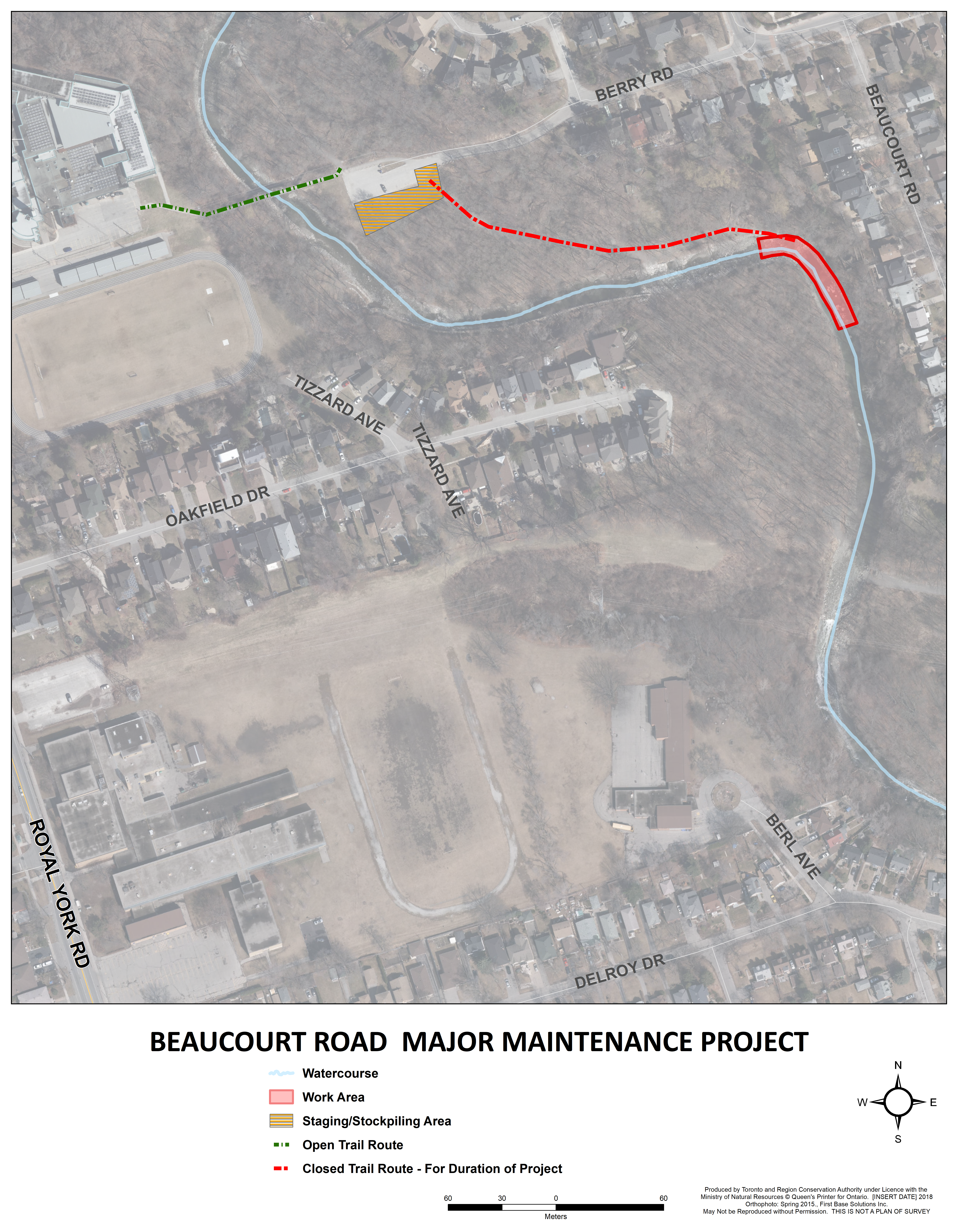 Notice of Construction map showing the closed section of trail in Berry Road Park as well as the proposed staging area.